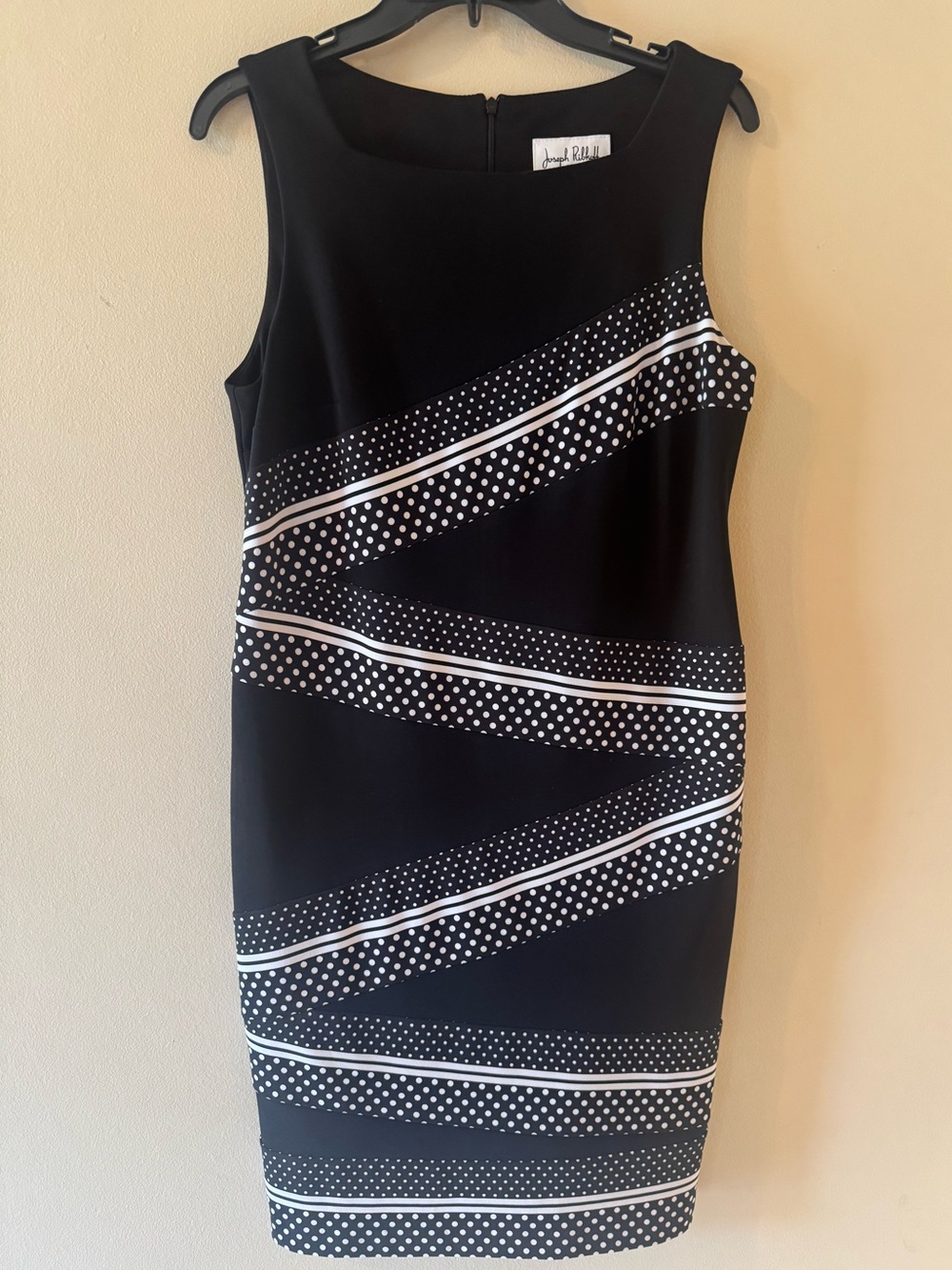 Joseph Ribkoff Black Sleeveless Sheath Dress with White Polka Dot Stripes